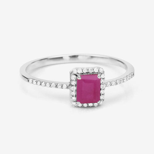 Anillo de oro blanco de 14K con rubí genuino de 0,58 quilates y diamantes blancos