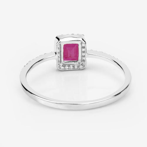 Anillo de oro blanco de 14K con rubí genuino de 0,58 quilates y diamantes blancos