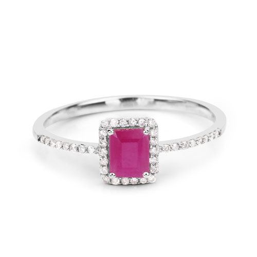 Anillo de oro blanco de 14K con rubí genuino de 0,58 quilates y diamantes blancos