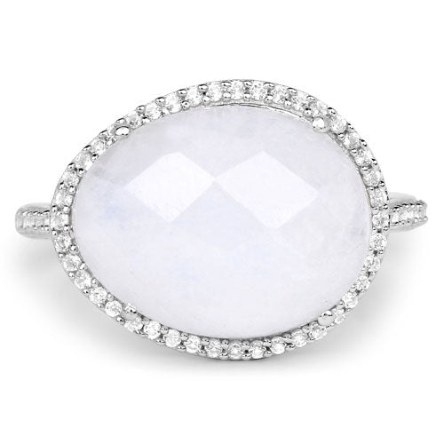 Anillo de plata de ley .925 con piedra lunar arcoíris blanca auténtica de 7,33 quilates y topacio blanco