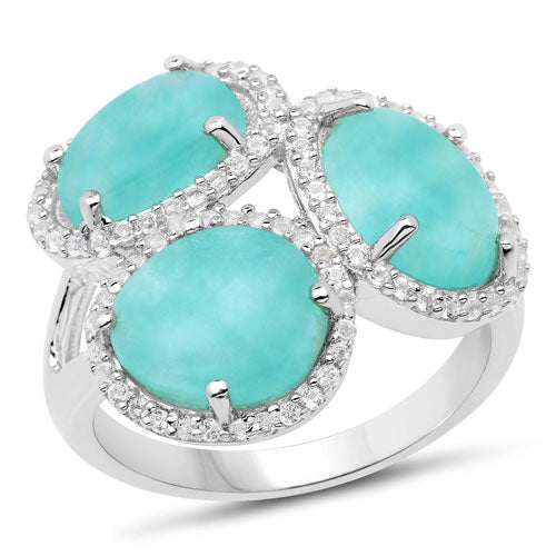 Anillo de Plata Fina .925 con Amazonita Genuina y Topacio Blanco de 5.30 Quilates