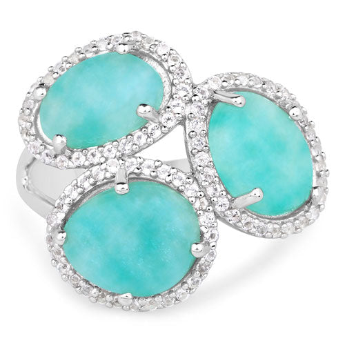 Anillo de Plata Fina .925 con Amazonita Genuina y Topacio Blanco de 5.30 Quilates
