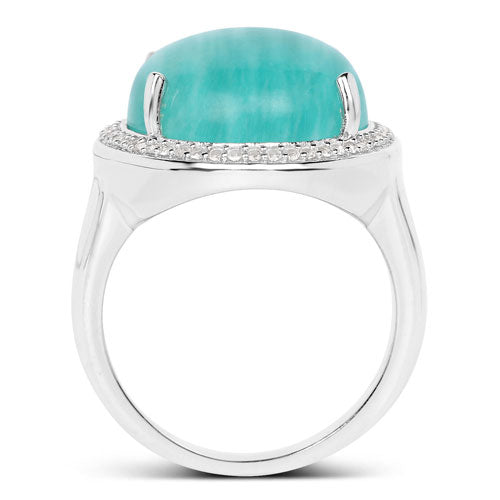 Anillo de plata de ley .925 con topacio blanco y amazonita auténtica de 15,09 quilates