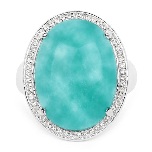 Anillo de plata de ley .925 con topacio blanco y amazonita auténtica de 15,09 quilates