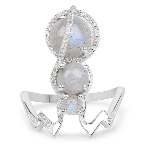 Anillo de plata de ley .925 con labradorita auténtica de 2,79 quilates y topacio blanco