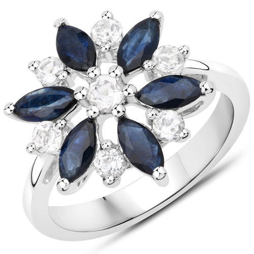 Anillo de plata de ley .925 con zafiro azul auténtico de 2,09 quilates y topacio blanco