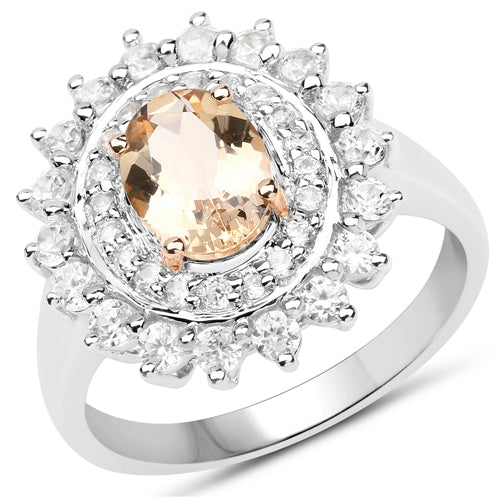 Anillo de Plata de ley .925 con Chapa de Dos Tonos, Morganita Melocotón Genuina de 2.30 Quilates y Circones Blancos