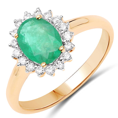 Anillo de oro amarillo de 10 quilates con esmeralda zambiana auténtica de 1,39 quilates y diamantes blancos