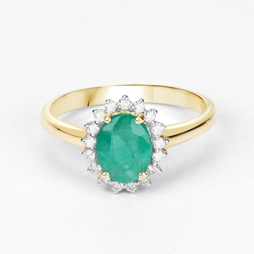 Anillo de oro amarillo de 10 quilates con esmeralda zambiana auténtica de 1,39 quilates y diamantes blancos