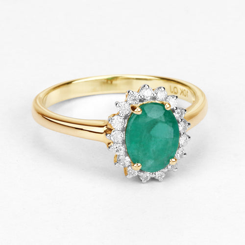 Anillo de oro amarillo de 10 quilates con esmeralda zambiana auténtica de 1,39 quilates y diamantes blancos