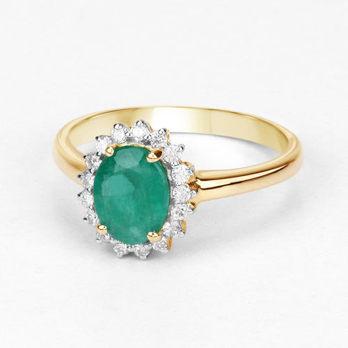 Anillo de oro amarillo de 10 quilates con esmeralda zambiana auténtica de 1,39 quilates y diamantes blancos