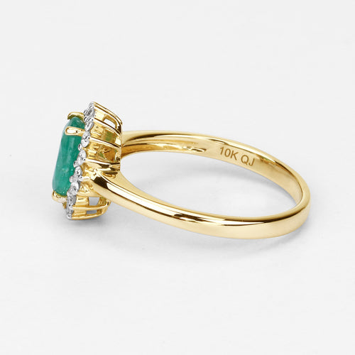 Anillo de oro amarillo de 10 quilates con esmeralda zambiana auténtica de 1,39 quilates y diamantes blancos