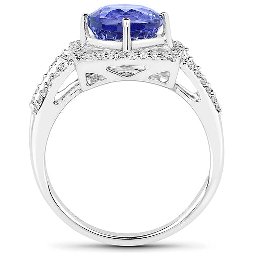 Anillo de oro blanco de 14 quilates con tanzanita auténtica de 3,26 quilates y diamantes blancos