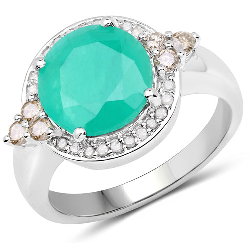 Anillo de plata de ley .925 con esmeralda auténtica de 3.51 quilates, diamantes color champán y diamantes blancos