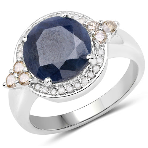 Anillo de plata de ley .925 con zafiro azul genuino de 4.10 quilates, diamante champagne y diamantes blancos