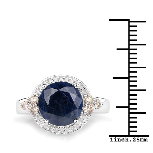 Anillo de plata de ley .925 con zafiro azul genuino de 4.10 quilates, diamante champagne y diamantes blancos