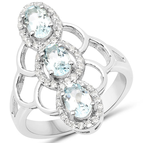 Anillo de plata de ley .925 con aguamarina auténtica de 1.54 quilates y circonita blanca