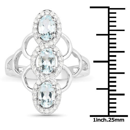 Anillo de plata de ley .925 con aguamarina auténtica de 1.54 quilates y circonita blanca