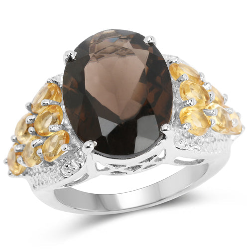 Anillo de plata de ley .925 con cuarzo ahumado, citrino y topacio blanco genuino de 9,74 quilates