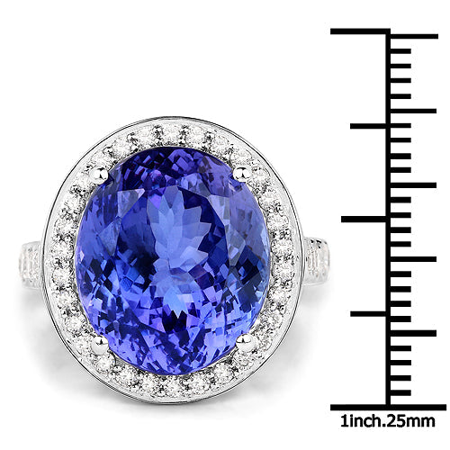 Anillo de oro blanco de 18 quilates con tanzanita genuina de 18,50 quilates y diamantes blancos