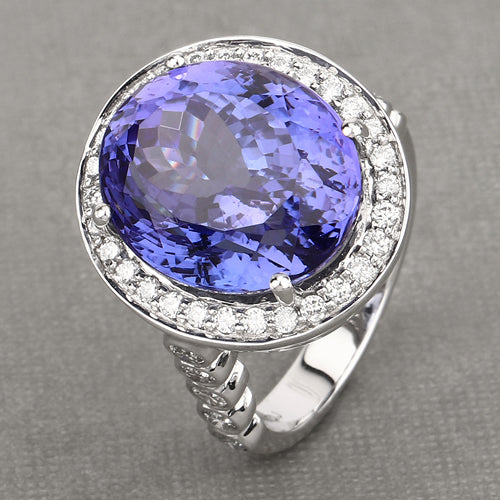 Anillo de oro blanco de 18 quilates con tanzanita genuina de 18,50 quilates y diamantes blancos