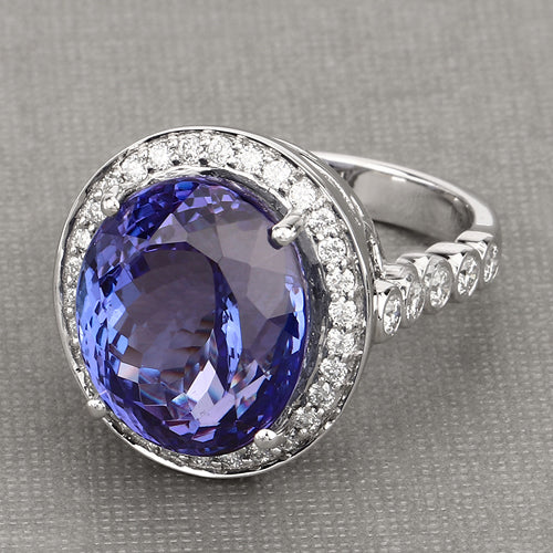 Anillo de oro blanco de 18 quilates con tanzanita genuina de 18,50 quilates y diamantes blancos