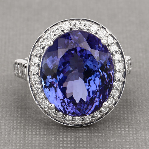 Anillo de oro blanco de 18 quilates con tanzanita genuina de 18,50 quilates y diamantes blancos