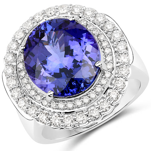 Anillo de oro blanco de 18 quilates con tanzanita genuina de 10,79 quilates y diamantes blancos