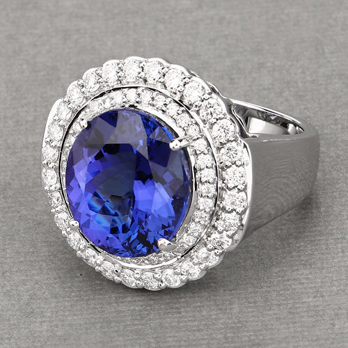 Anillo de oro blanco de 18 quilates con tanzanita genuina de 10,79 quilates y diamantes blancos
