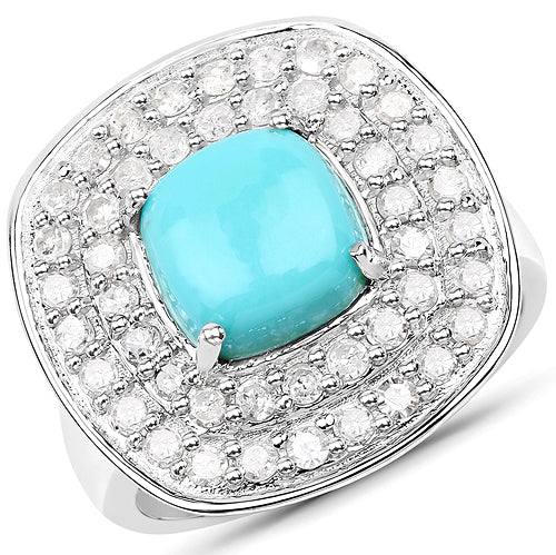 Anillo de 2,80 quilates de turquesa genuina y diamante blanco de plata de ley .925