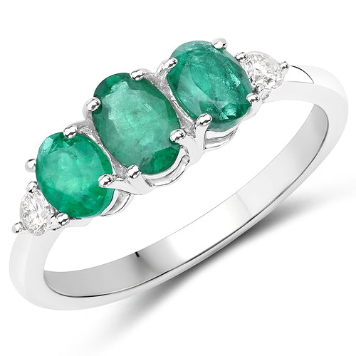 Anillo de oro blanco de 14K con esmeralda zambiana auténtica de 1.14 quilates y diamantes blancos