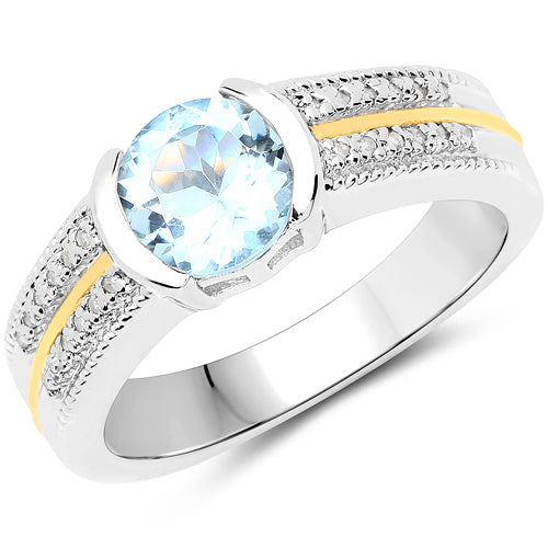 Anillo de oro amarillo de 14 quilates con aguamarina auténtica de 1,37 quilates y diamantes blancos, con plata de ley .925