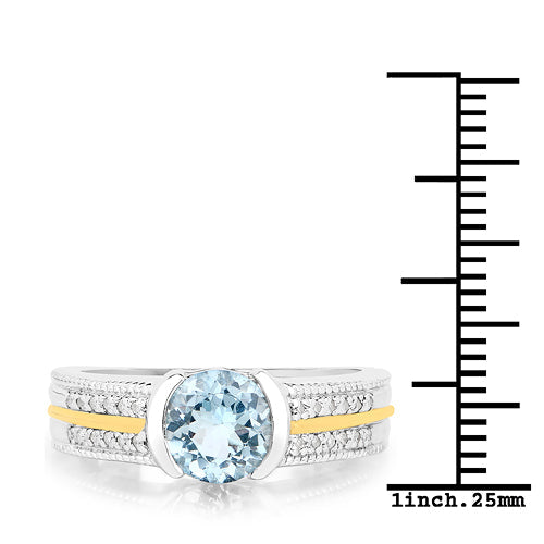 Anillo de oro amarillo de 14 quilates con aguamarina auténtica de 1,37 quilates y diamantes blancos, con plata de ley .925