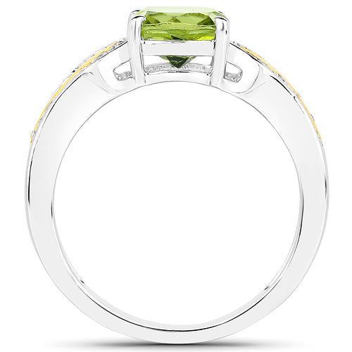 Anillo de 1,64 quilates de peridoto auténtico y diamantes blancos de oro amarillo de 14 quilates con plata de ley .925