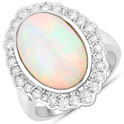 Anillo de oro blanco de 14K con ópalo etíope genuino de 6,38 quilates y diamantes blancos