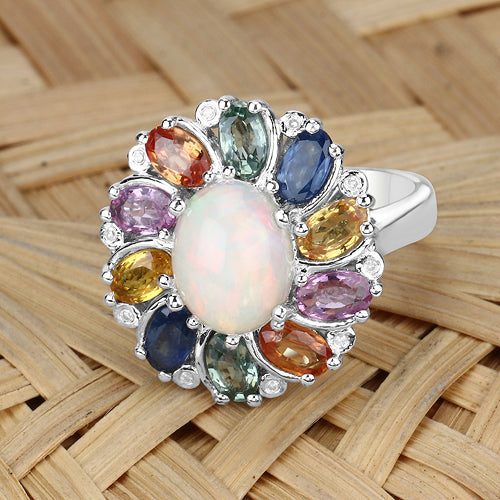 Anillo de plata de ley .925 con ópalo etíope genuino de 3.92 quilates, zafiro multicolor y diamantes blancos