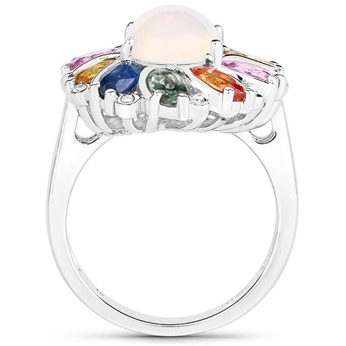Anillo de plata de ley .925 con ópalo etíope genuino de 3.92 quilates, zafiro multicolor y diamantes blancos