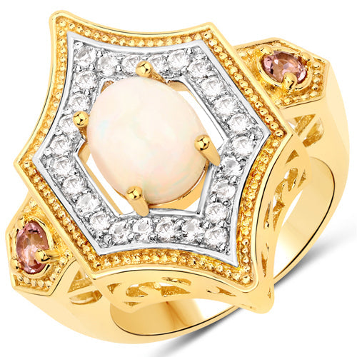 Anillo de plata de ley .925 con ópalo etíope genuino de 1.81 quilates, turmalina rosa y topacio blanco