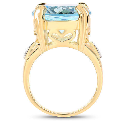 Anillo de plata de ley .925 con topacio azul genuino de 12,98 quilates y topacio blanco, chapado en oro amarillo de 14 quilates