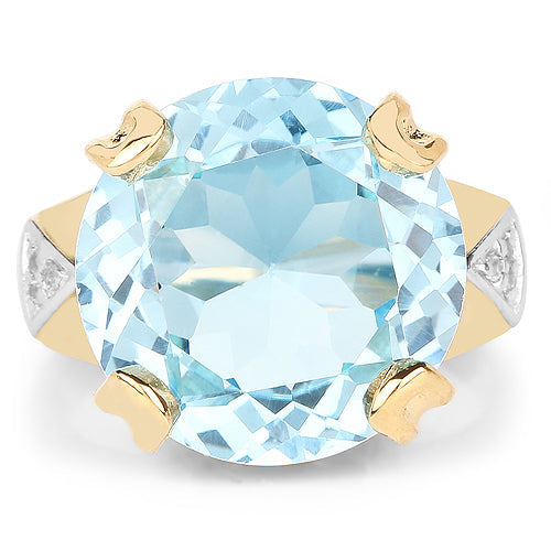 Anillo de plata de ley .925 con topacio azul genuino de 12,98 quilates y topacio blanco, chapado en oro amarillo de 14 quilates