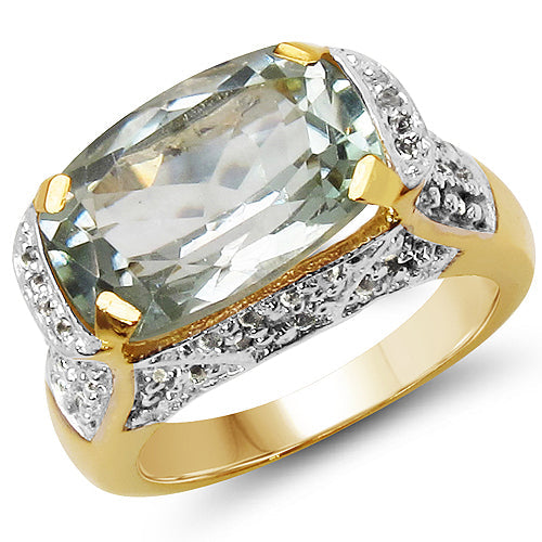 Anillo de plata de ley .925 con amatista verde genuina de 6,81 quilates y topacio blanco, chapado en oro amarillo de 14 quilates