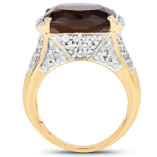Anillo de Plata Fina de .925 con Cuarzo Ahumado Genuino de 6.65 Quilates y Topacio Blanco