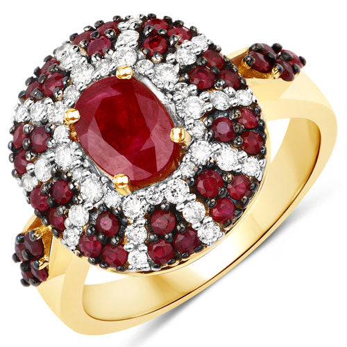 Anillo de oro amarillo de 14K con rubí auténtico de 1,92 quilates y diamantes blancos