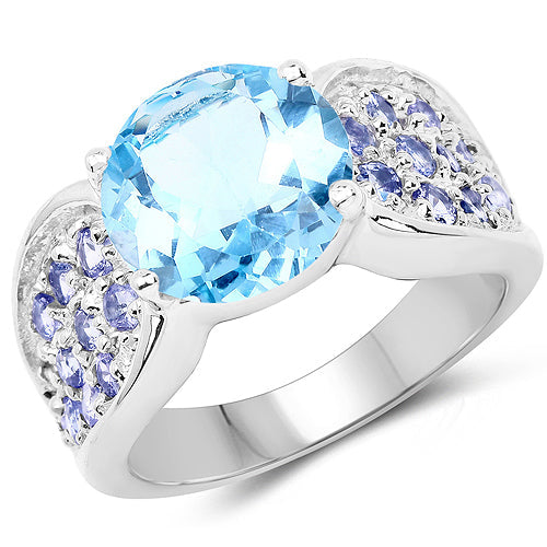 Anillo de plata de ley .925 con topacio azul y tanzanita auténticos de 4,77 quilates