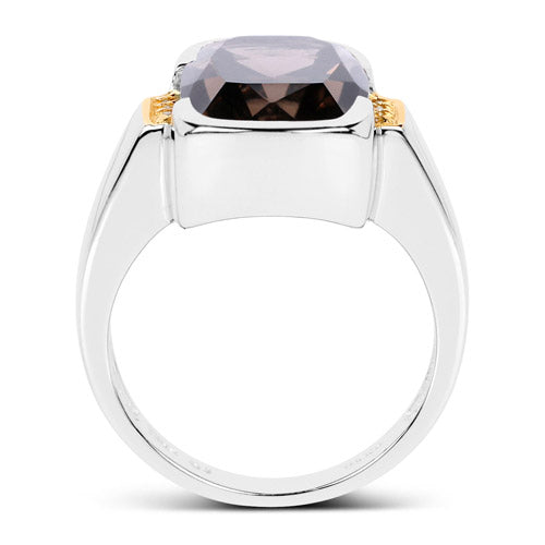 Anillo de plata de ley .925 con cuarzo ahumado genuino de 5,51 quilates y topacio blanco, chapado en dos tonos