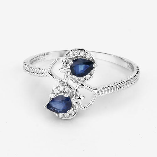 Anillo de oro blanco de 14 quilates con zafiro azul genuino de 0,34 quilates y diamante blanco