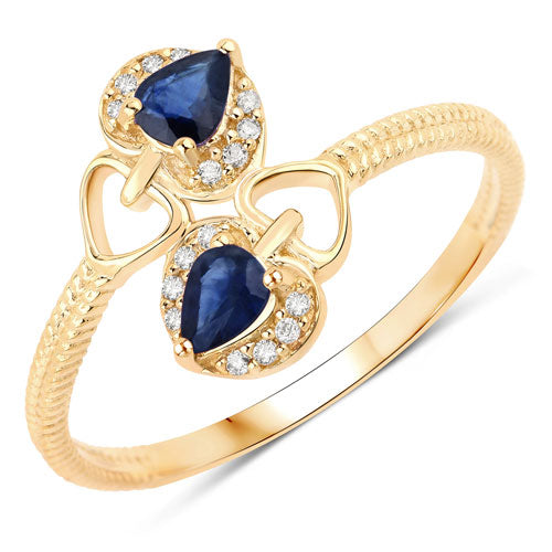 Anillo de oro amarillo de 14 quilates con zafiro azul auténtico de 0,34 quilates y diamantes blancos
