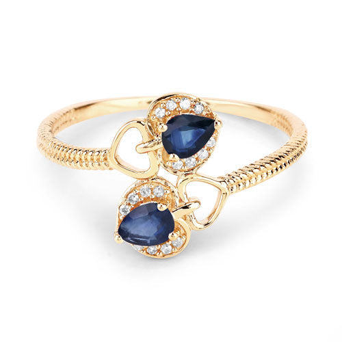 Anillo de oro amarillo de 14 quilates con zafiro azul auténtico de 0,34 quilates y diamantes blancos