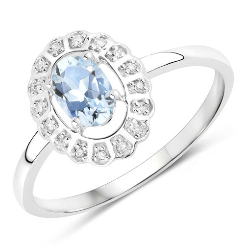 Anillo de oro blanco de 14 quilates con aguamarina auténtica de 0,44 quilates y diamantes blancos