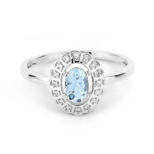 Anillo de oro blanco de 14 quilates con aguamarina auténtica de 0,44 quilates y diamantes blancos